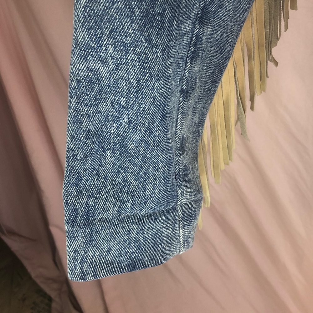 Vintage Blue Denim Western Country Leather Tan Collar Fringe Size Large Like New - Picture 10 of 16